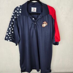 USMC Marine Corps Performance Polo Shirt XXL Patriotic Stars Stripes Made USA AE